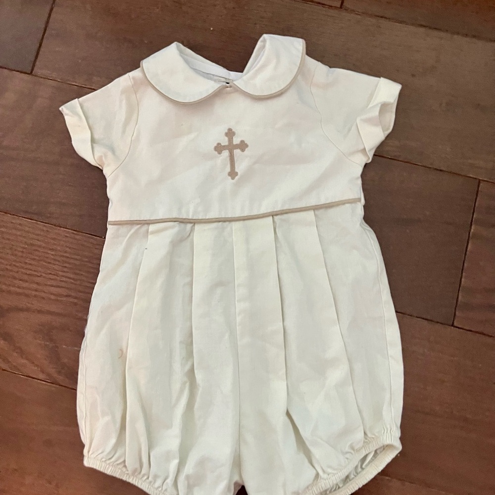 Bailey Boys Off White Baby Romper with Cross Embroidery